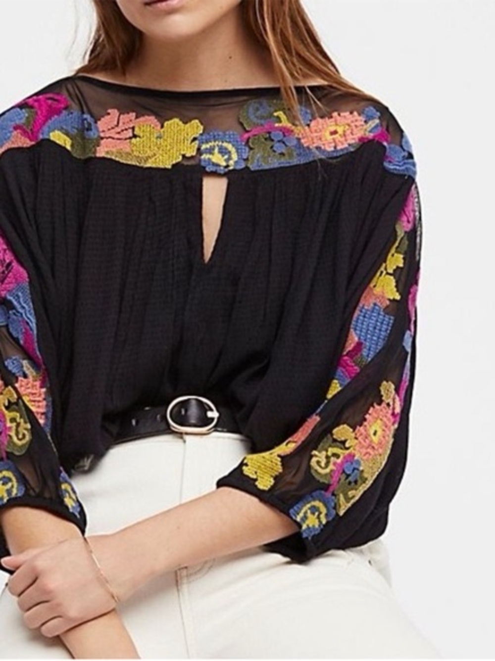 Free People “Galena” Black Blouse with Multicolor Floral Embroidery medium